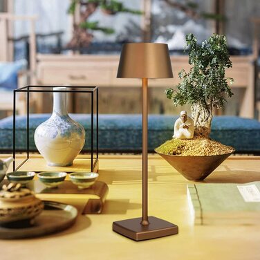 LED настільна лампа бездротова, 6000mAh, IP54, алюміній, сенсорне керування, тепле світло, для спальні, кав'ярні, ресторану (коричнева)