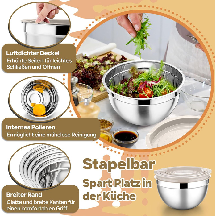 Набір мисок HaWare 7 шт. з нержавіючої сталі з кришками, 6.5/4.5/3/2.5/1.5/1.2/0.7L, для приготування, випікання, салатів, миття в посудомийній машині, Khaki/Нержавіюча сталь