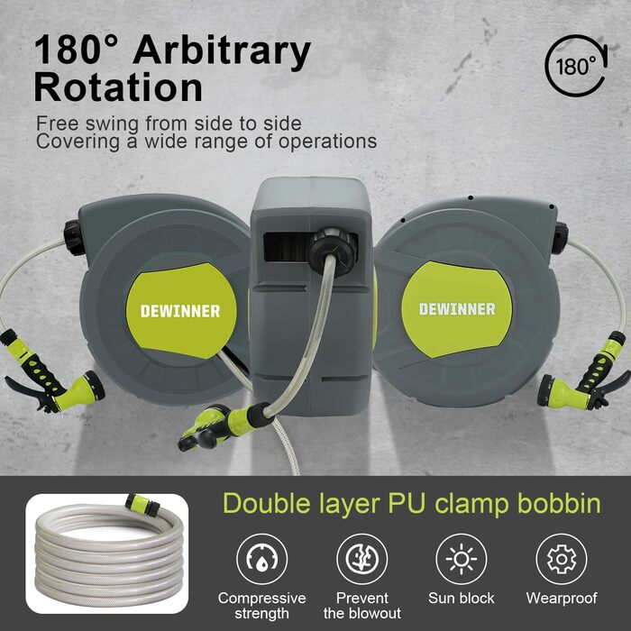 DEWINNER: барабан для садового шлангу 20 + 2 м, автоматичний, з ручною лійкою, поворотний 180°, 7 функцій, для великих садів