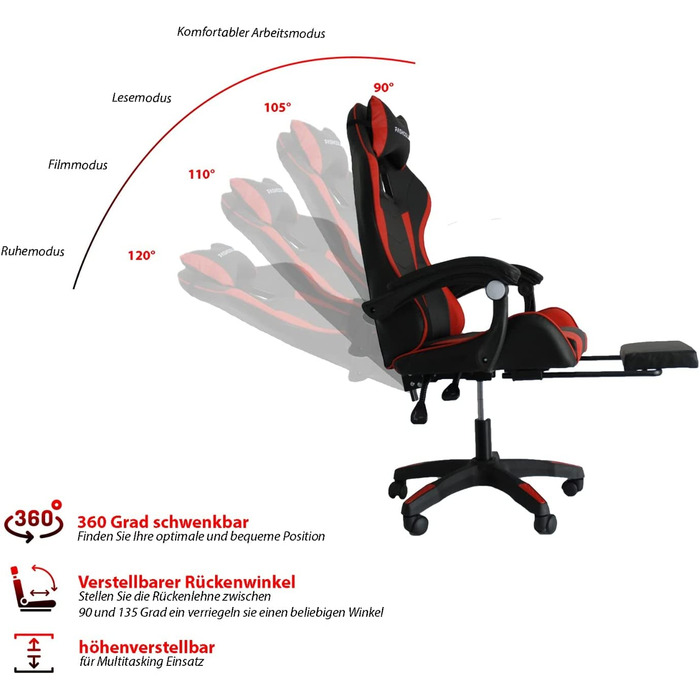 Ігрове крісло Fashcolle для кіберспорту та гоночних ігор-ергономічне офісне крісло для ПК з висувною підставкою для ніг-офісне крісло з підголівником і поперековою подушкою (червоний)