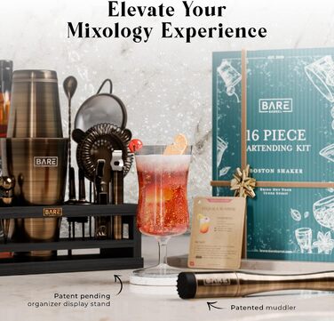 Набір бармена BARE BARREL® Mixology: 16 предметів для приготування коктейлів | Шейкер Boston, Martini, мірні інструменти | 35 рецептів | Подарунок
