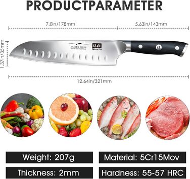 Ніж шеф-кухаря SHAN ZU Santoku: 18 см, нержавіюча сталь, ергономічна ручка, подарункова коробка