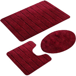 Набір килимків для ванної кімнати Jianyana 3 шт. з мікрофібри, антиковзаючі, м'які, пухнасті, з контрастним малюнком (смугастий винний колір)