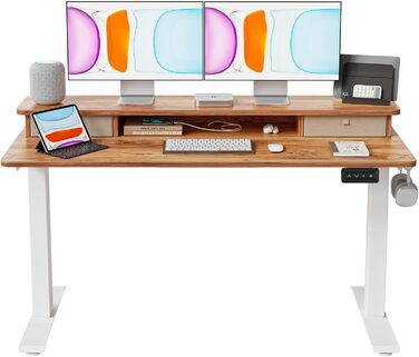 CubiCubi електричний стіл з регулюванням висоти, 140x60 см, з двома шухлядами, білий каркас, світло-коричнева стільниця, письмовий стіл з полицею для роботи стоячи та сидячи