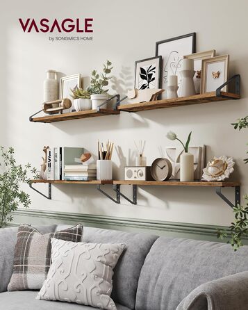 Настінна полиця VASAGLE, 6 штук в наборі, полиці-дошки, 2 способи монтажу, 30/35/40 см, для вітальні, кухні, кабінету, ванної кімнати, вінтажний коричневий + матовий чорний, LWS033K02