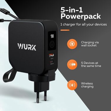 В-1 PowerPack Power Bank, бездротовий зарядний пристрій, дорожня вилка, 10 000 мАг, кабель USB-C і L, 5-