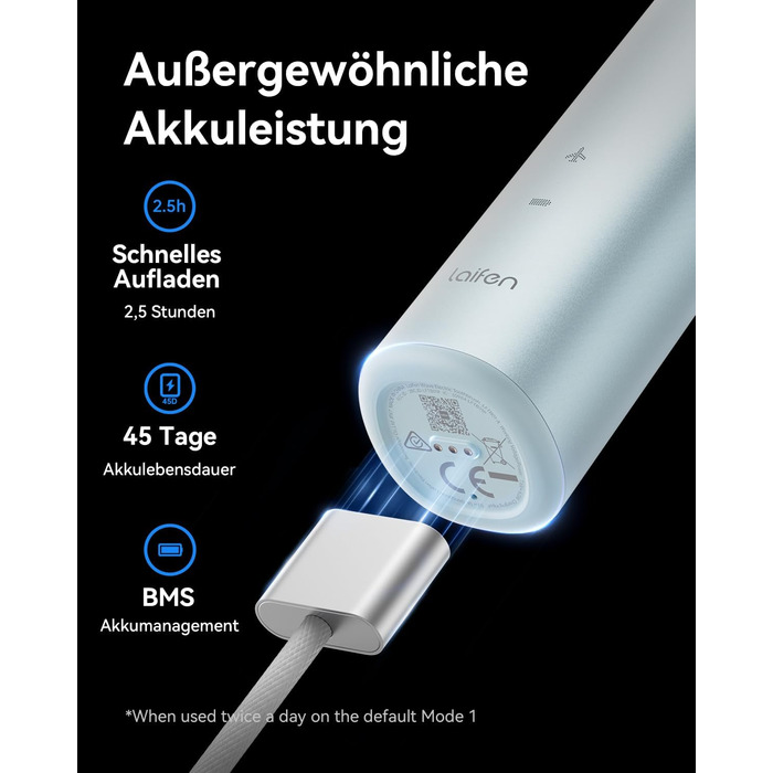Laifen Wave: електрична звукова зубна щітка з магнітною зарядкою, 3 насадки, IPX7, для дорослих (блакитна)