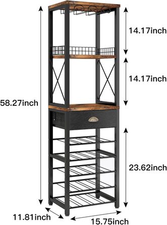 Барний шафка Homeiju на 4 полиці, з підсвіткою, для напоїв та келихів, з ящиком та полицями для вина, для вітальні та кухні, рустикальний коричнево-чорний колір