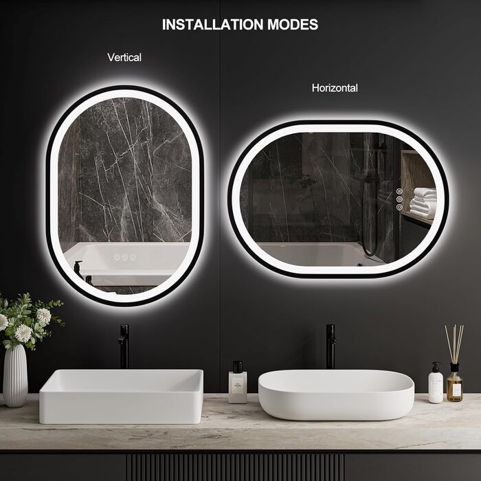 Круглий LED-дзеркало для ванної кімнати ChillCruiser 50 см з чорною рамою, антизапар, 3 кольори, функція Memory