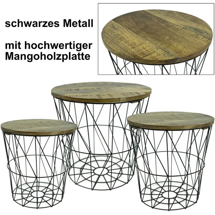 Набір з 3 металевих кошиків Бічний столик чорний - Сучасний металевий і дерев'яний стіл для вітальні - Дротяний кошик з кришкою - Круглий кошик для зберігання Журнальний столик у 3 розмірах - Стіл для вітальні (Кошик для журнального столу на 3 місця, чорн