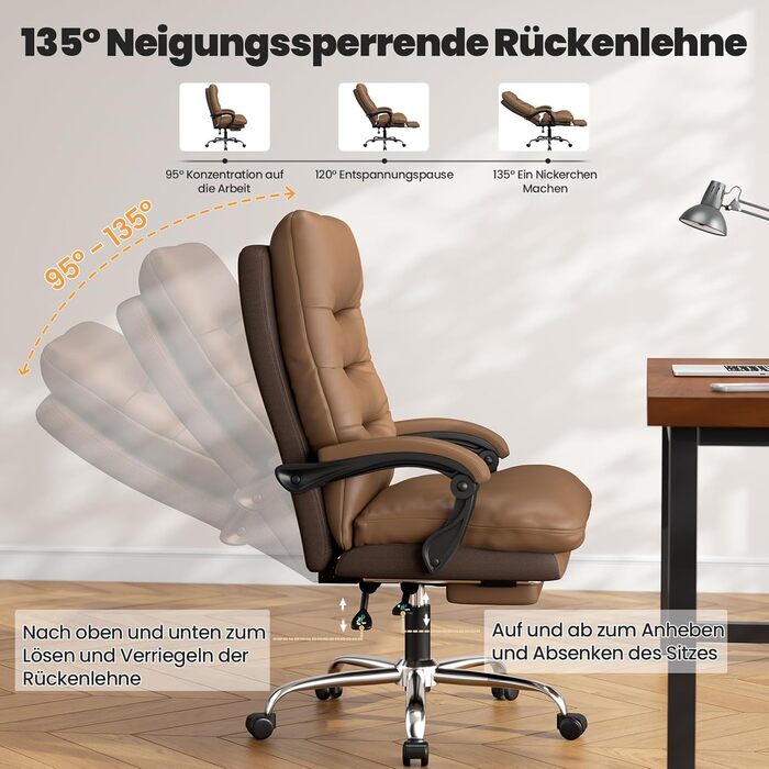 Ергономічне крісло для офісу Naspaluro з підніжкою, комп'ютерне крісло з подвійним шаром подушок, високою спинкою, функцією відкидання, регулюванням висоти, PU-шкіра, до 150 кг (колір: коричневий, штучна шкіра)