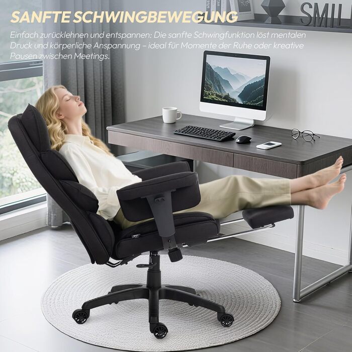 Ігровий крісло Dowinx, ергономічний офісний крісло з кишеньковим пружинним сидінням, крісло для начальника з подвійною м'якою спинкою та регульованою поперековою подушкою, підлокітниками та підставкою для ніг (Чорний, тканина)