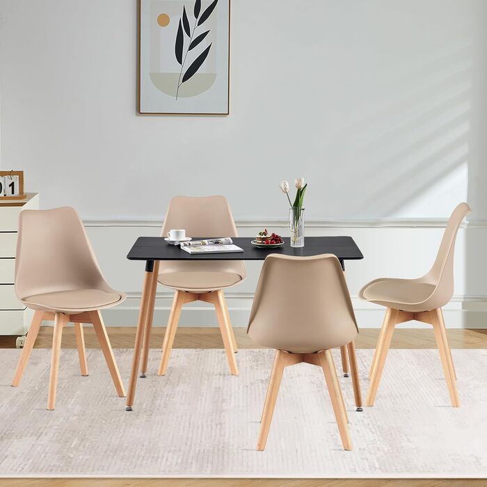 Обідній стіл з 4 стільцями для кухні та вітальні, 110 см, прямокутний, комплект меблів для їдальні (білий стіл + 4 світло-хакі стільці)