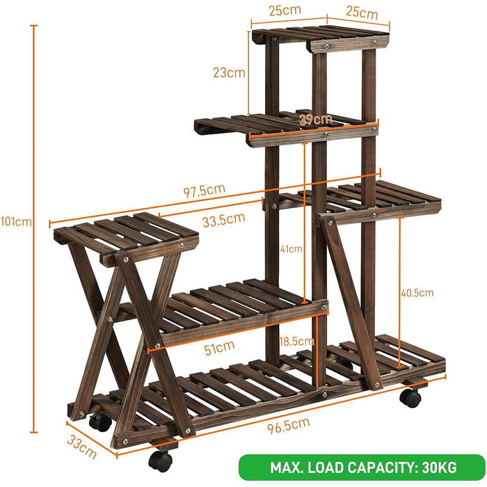 Підставка для квітів Yaheetech дерев'яна з колесами, багатоярусна 97,5х33х101см