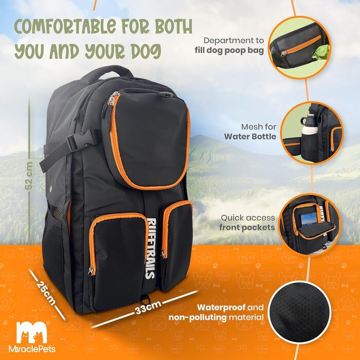 Рюкзак для собак Miracle Pets Rufftrails - макс. 9 кг - водонепроникний - дихаючий - для походів, пляжу, парку - чорний