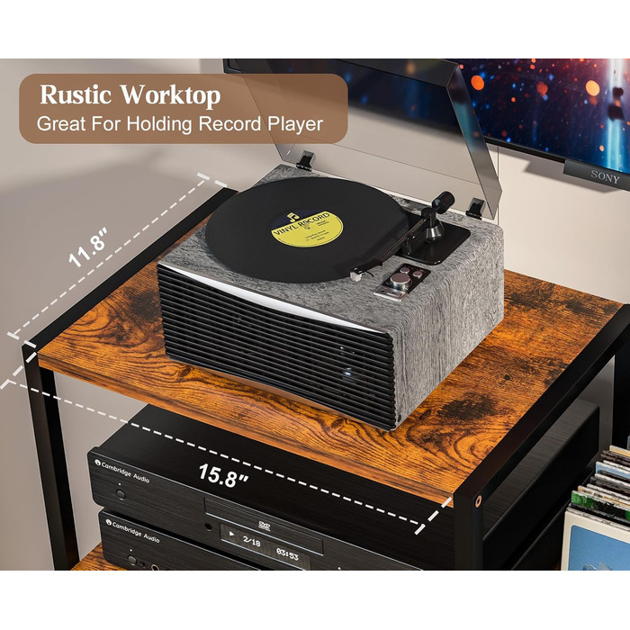 Підставка для програвача з полицями для вінілових платівок, до 200+ альбомів, медіа-тумба, консольний столик, стійка для аудіо-відео, підставка для програвача, полиця в стилі рустік, коричнева, компактна