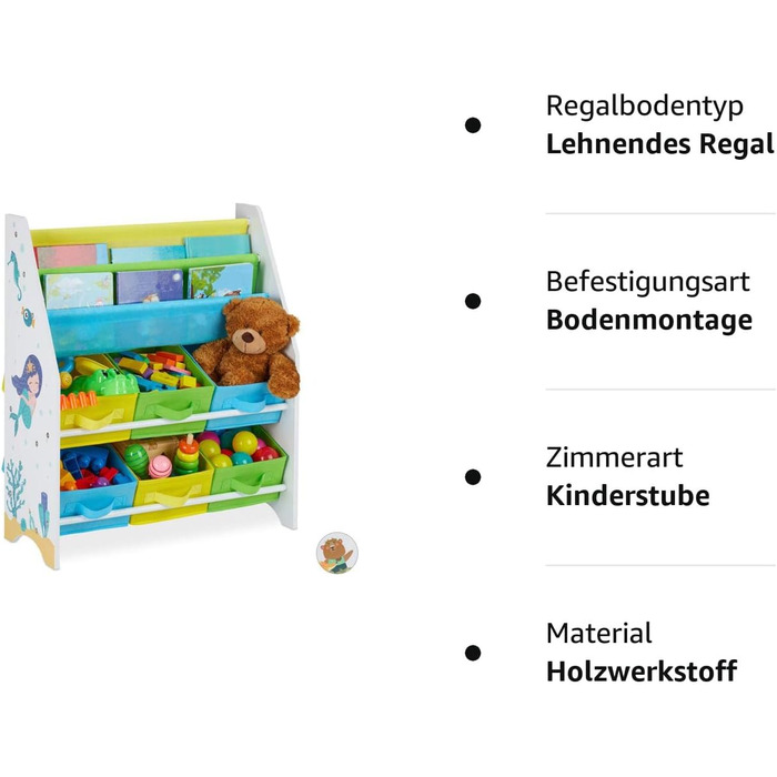 Дитяча полиця Relaxdays, мотив тварин, 6 коробок, 2 відділення, дитяча кімната, місце для зберігання іграшок HBT 74 x 62 x 31,5 см, барвистий, матеріал на основі дерева, ука (русалка)