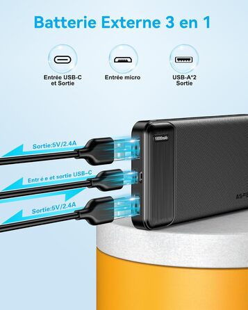 Набір AsperX Power Bank з 2 шт. , 10000 мАг (вхід/вихід USB-C) Тонкий зовнішній акумулятор, чорний/білий