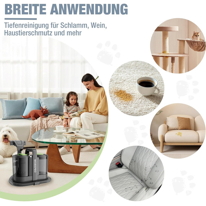 WORKPRO Мийний пилосос 450W 13kPa, 1.6L з миючим засобом та 2 насадками, для килимів, диванів, авто