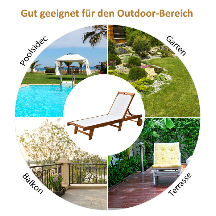 Шезлонг для відпочинку садовий, регульований, з акації, текстиль, натуральний + білий, 198 x 55 x 30-88,5 см