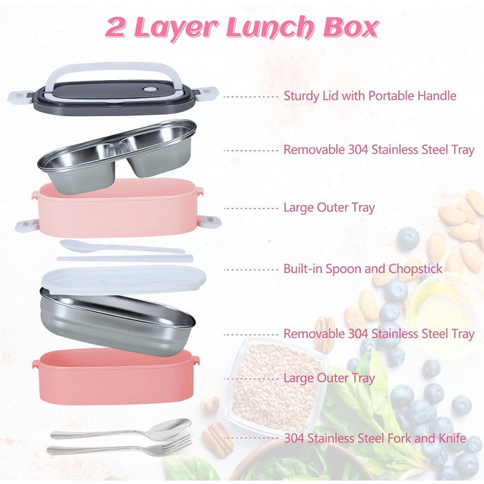 Ланчбокс дорослий та дитячий з сумкою, 3 відділи, витоки неможливі, для мікрохвильовки, бенто-бокс для роботи, школи, пікніка, подорожей (рожевий)