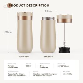 RECAFIMIL Французька кавомашина для подорожей з нержавіючої сталі, 340 мл, для кемпінгу та подорожей, кремовий колір