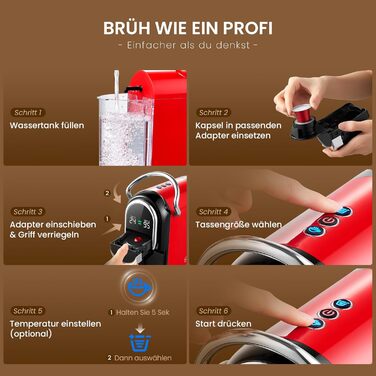 Кавомашина Magician1 Mini Kapselmaschine 5в1 для Nespresso, Dolce Gusto, Lavazza A Modo Mio, ESE 44, кавової гущі | 20 бар, 1450 Вт, LED-дисплей, 7 рівнів води | для дому та офісу, червона