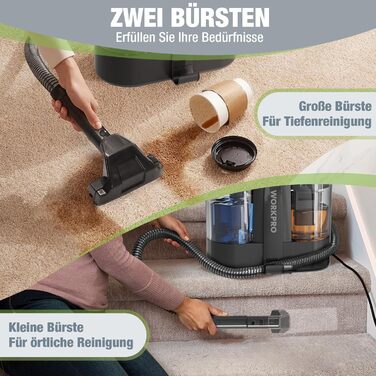 WORKPRO Мийний пилосос 450W 13kPa, 1.6L з миючим засобом та 2 насадками, для килимів, диванів, авто