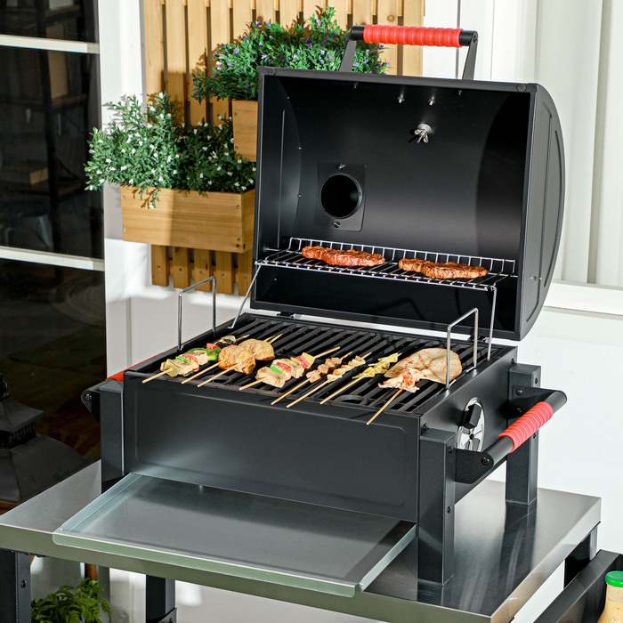 Grill Outsunny з дерев’яною рамою, настільний гриль з решіткою, кошом для вугілля, гриль для кемпінгу з кришкою, ручкою, термометром, настільний гриль для пікніка, саду, чорного кольору, 68,5 x 50 x 54 см | Aosom