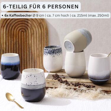 Набір кавових чашок Sänger Siena (6 шт.) з порцеляни, 215 мл, ручної роботи, преміум-якість, для кави та чаю, можна мити в посудомийній машині та використовувати в мікрохвильовій печі