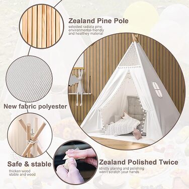 Дитячий намет-типі Kindertipi Dacron 120x120x160 см з вікном, для дому, білий. Стабільний намет-типі для дітей з 4 дерев'яними опорами