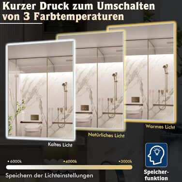 LED дзеркало для ванної кімнати 60x80 см з підсвічуванням, сенсорне, регулювання яскравості, 3 кольори світла, проти запотівання, водонепроникне IP44, горизонтальне/вертикальне