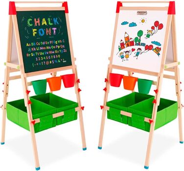 Дерев'яний мольберт Kinder для дітей з паперовою рулонкою, двостороннє Whiteboard та дошка. Регульована висота. З аксесуарами для малювання та навчання. Ідеальний подарунок для малюків.