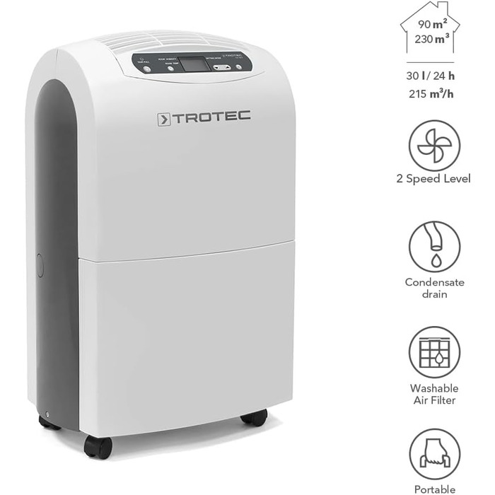 Електричний осушувач повітря для приміщень TROTEC TTK 100 E продуктивність 30 л/добу площа 90 м / 230 м осушувач з автоматичним відключенням