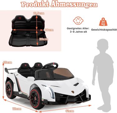 Електромобіль для дітей COSTWAY Lamborghini з пультом, LED фарами, сигналом, музикою, швидкість 3-6 км/год, білий, для дітей від 3 років