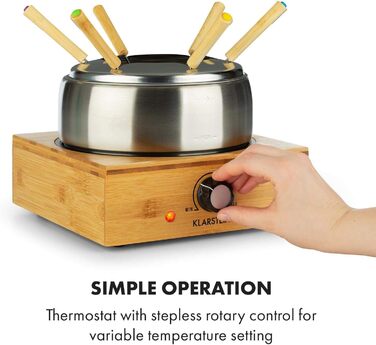 Фондю Klarstein Bambus 1.3л, 800 Вт, нержавіюча сталь, бамбукова база, 6 виделок