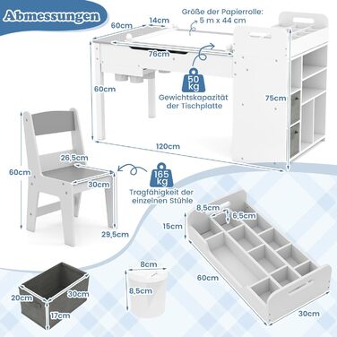 Дитячий стіл COSTWAY 3 в 1 з 2 стільцями, мольберт, органайзер, сірий (120x60x60 см)