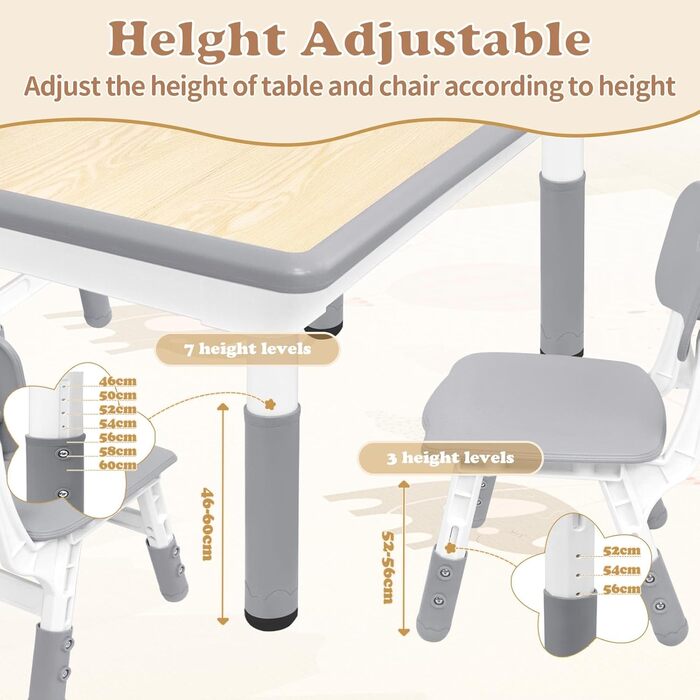 Дитячий стіл зі стільцями (2 шт) 80x60 см, регульована висота, сірий. Ідеально для дитячого садка, ігор, малювання та навчання. Легко миється. Підходить для дітей від 2 років.
