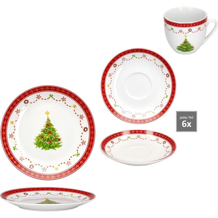 MamboCat Кавовий сервіс на 6 осіб (18 предметів) з різдвяним декором | 6 чашок 190 мл, 6 підставок, 6 тарілок | Фарфор, для святкування Різдва та Миколая