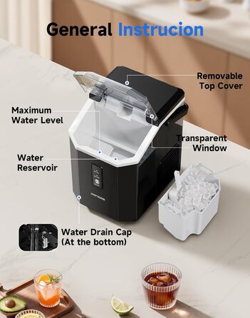 Машина для приготування морозива Komore, 15 кг/день, швидка (5 хв), портативна, з лопаткою та кошиком, самоочищення, для дому та офісу, чорна