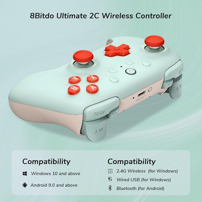 8BitDo Ultimate 2C Бездротовий Контролер для ПК Windows та Android, 1000 Гц, Hall-ефект, Turbofunktion (Світло-зелений)