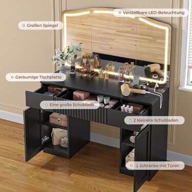 Великий туалетний столик AOGLLATI з великим дзеркалом та регульованою LED-підсвіткою. Косметичний столик з розетками, 3 висувними ящиками та 2 шафками. Сучасний туалетний столик для спальні (білий/чорний)