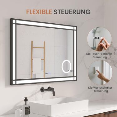 LED дзеркало для ванної кімнати AQUABATOS 50x70 см з підсвічуванням, ефект вікна, сенсорне керування, регулювання яскравості, антизапотівальне покриття, чорний алюмінієвий каркас, індустріальний стиль, годинник, дзеркало для макіяжу