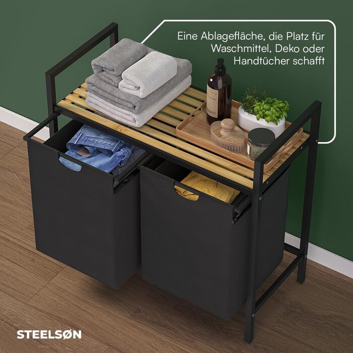 STEELSØN Rigil Кошик для білизни з 2 відділеннями – з полицею з бамбука – 2x 45 л – чорний металевий сортер для білизни – знімні мішки для білизни – контейнер для брудної білизни 2 відділення