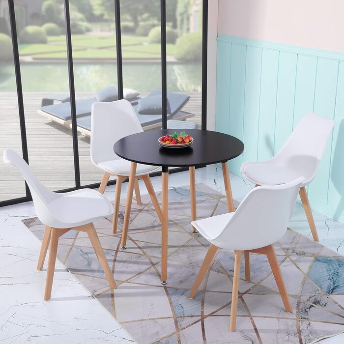 Комплект обіднього столу з 4-ма сірими стільцями | 5-ти частинний обідній набір | Обідня група для вітальні, кухні, їдальні | Сірі стільці (білі стільці, чорний стіл)