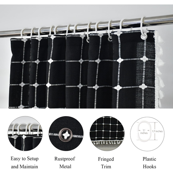 Шторка для душу сіро-зеленого кольору - сільський бохо-сучасний стиль, тканина льон, для ванної кімнати, вінтажний стиль, міцна, комплект зі бахромою, стильна богемна шторка для душу, 48x72 дюйми (121.9 x 182.9 см, 1 шт., чорний)