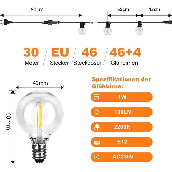 BRIMAX LED гірлянда для вулиці 30м, IP44, 46+4 лампочки G40, 2200K, розширювана, для кемпінгу, свят, вечірок