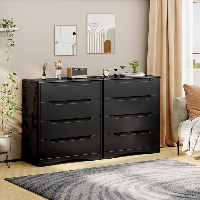 Комод Bealife для спальні: 4 місткі шухляди, витягнуті ручки, захист від перекидання, для вітальні/офісу (чорний)
