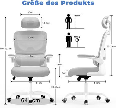 Офісне крісло Naspaulro з регульованою підголівником, підлокітниками та підтримкою попереку, дихаючий сітчастий чохол, сірий колір, для дому та офісу