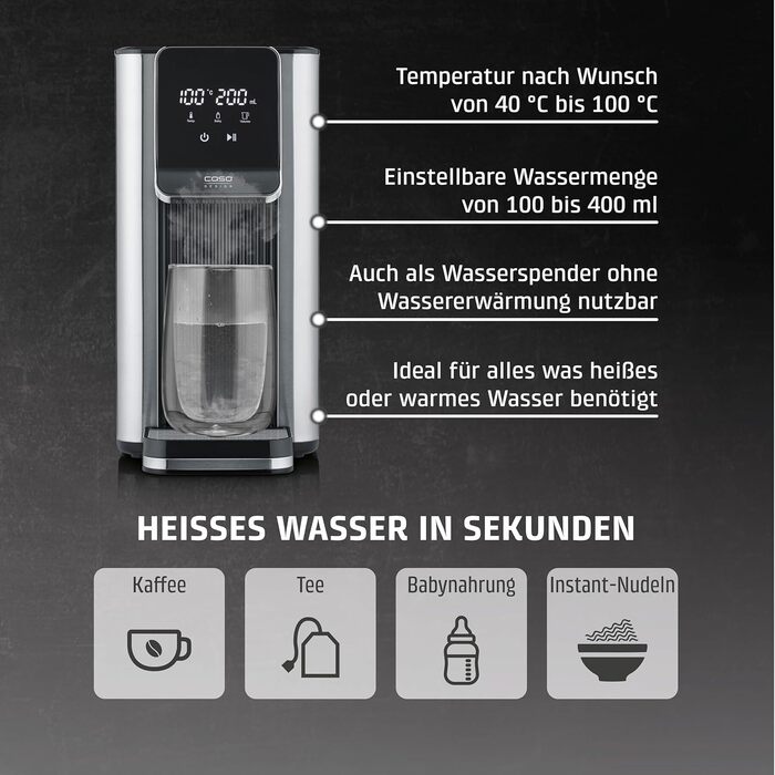 Диспенсер гарячої води CASO HW 630: 2600W, 40-100°C, 7 режимів дозування, 2.5л бак, фільтр, захист від накипу, дитячий режим, нержавіюча сталь